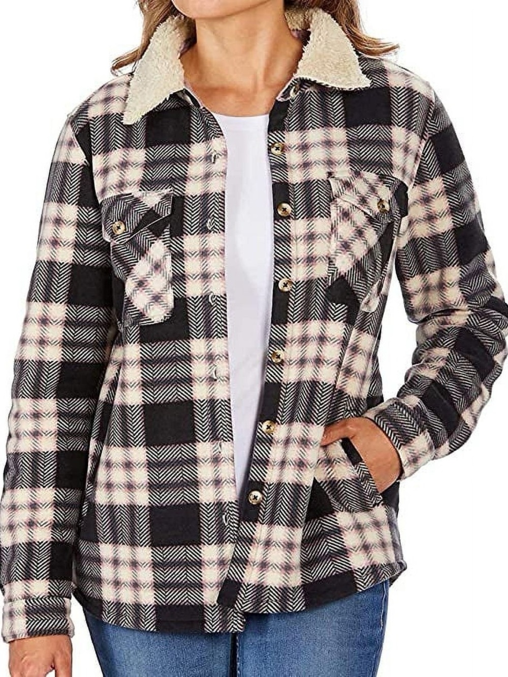 SoHo Threads Plaid Sherpa-Lined Teddy Jacket in Black & Cream With Link Accents